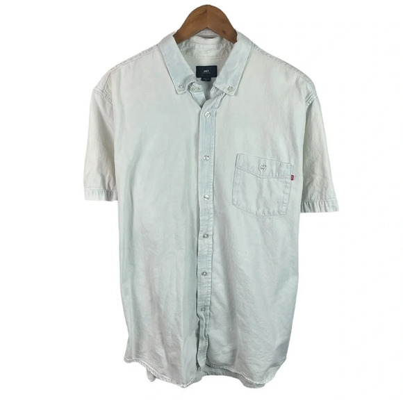 BF958 Men’s OBEY Denim Chambray Classic Short Sleeve Button Down Shirt XL - Picture 1 of 5